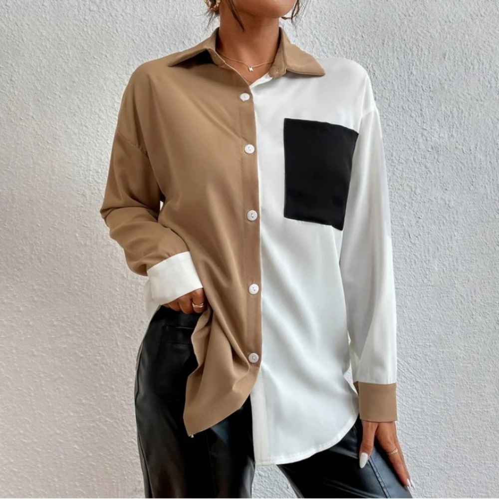SHEIN Brown and White Button-Up Shirt with Black Accent